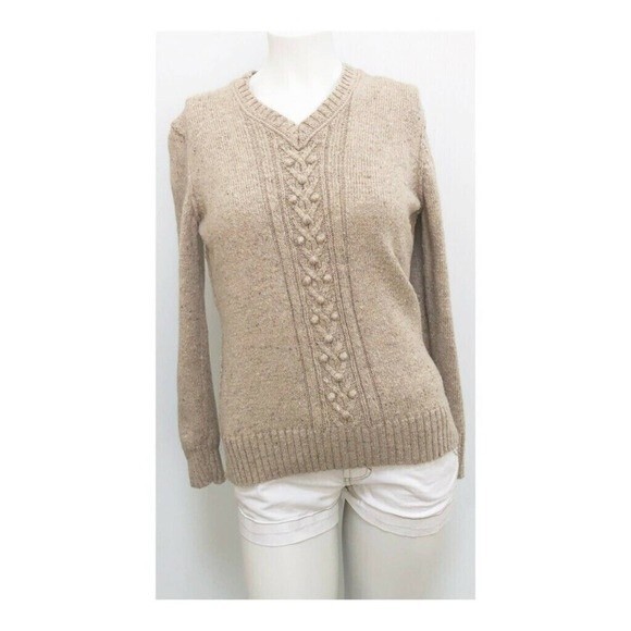 Liz Claiborne Women’s Medium Sweater Beige Cable Knit V-Neck Pullover - Picture 2 of 7